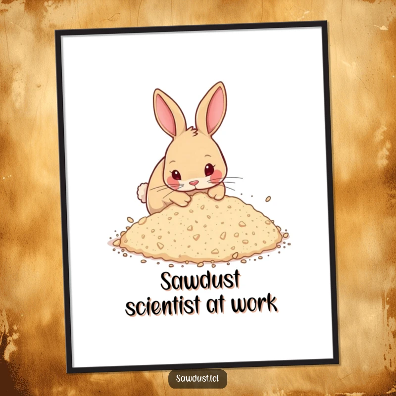 Funny Free Printable Wall Art: Curious rabbit digging with gusto in a pile of sawdust, a humorous depiction of focused effort.