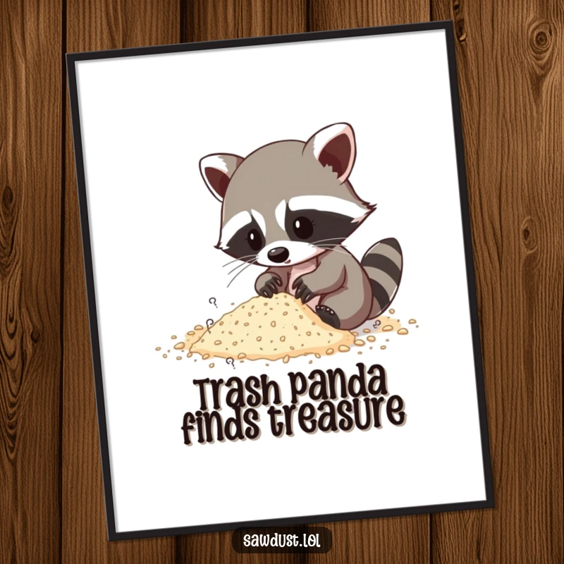 Funny Free Printable Wall Art: A raccoon with a curious expression sifting through sawdust, creating a humorous and engaging scene.