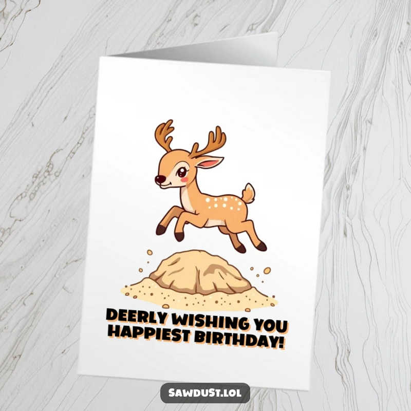 Funny Free Printable Birthday Card: A joyful deer mid-leap over sawdust, ready to deliver birthday cheer.