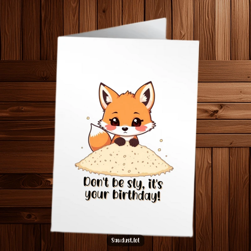 Funny Free Printable Birthday Card: A playful fox peeking out from sawdust, looking sly. Hilarious downloadable art.