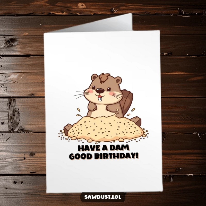 Funny Free Printable Birthday Card: A playful beaver happily splashing in sawdust, celebrating with gusto.