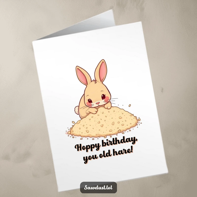 Funny Free Printable Birthday Card: Curious rabbit energetically digging in sawdust, ready to unearth some birthday cheer.