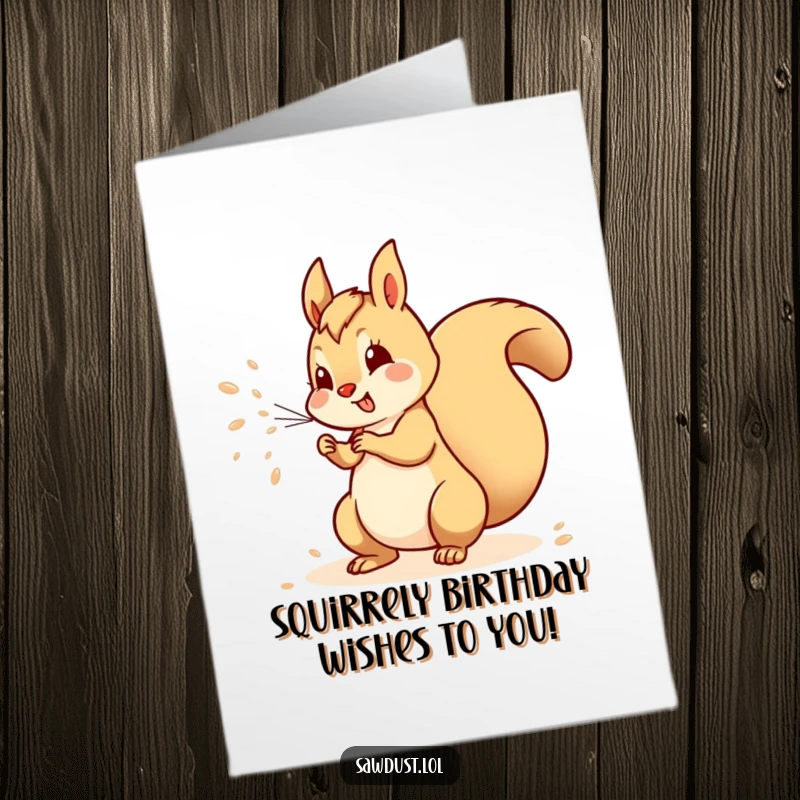 Funny Free Printable Birthday Card: Playful squirrel spraying sawdust with its tail, celebrating a wildly fun birthday.
