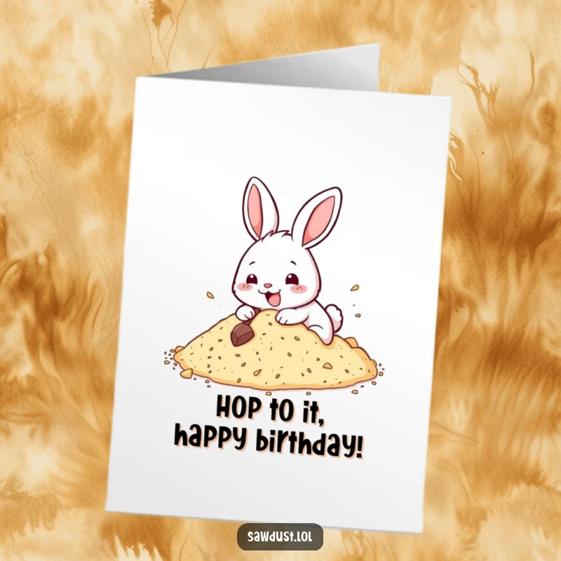 Funny Free Printable Birthday Card: A happy rabbit enthusiastically digging into sawdust, celebrating with joy.