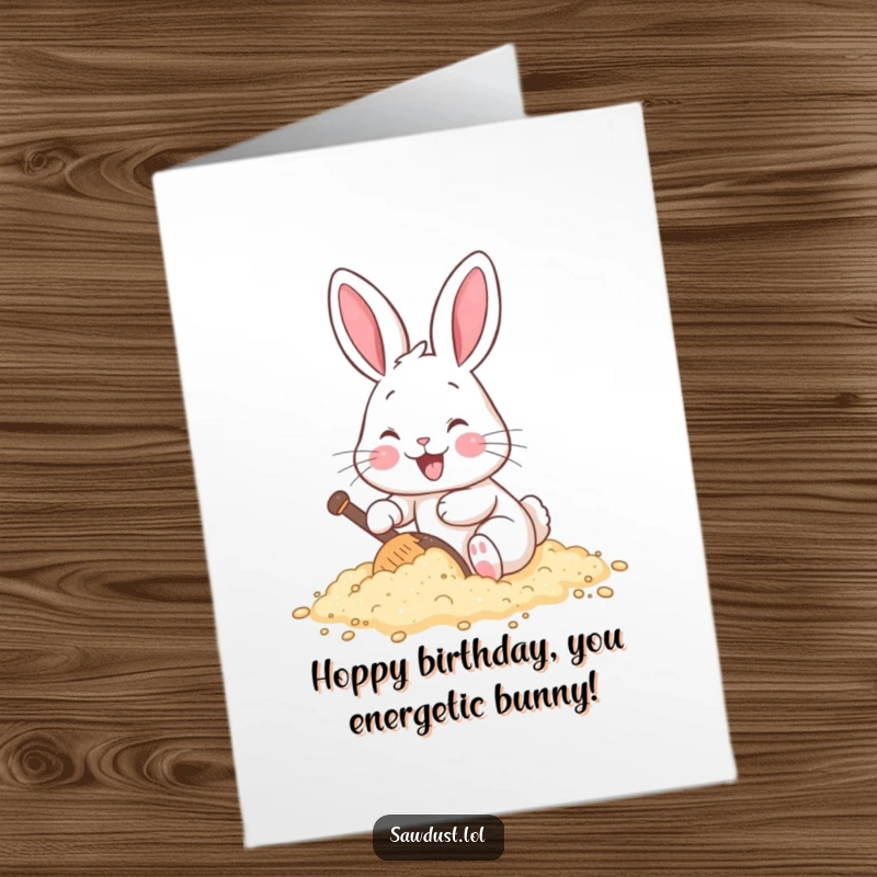 Funny Free Printable Birthday Card: A cheerful rabbit digging happily through sawdust, spreading joy. Hilarious downloadable art.
