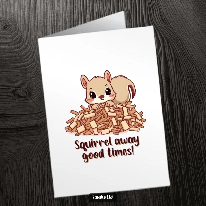 Funny Free Printable Birthday Card: A curious squirrel peeking out from behind wood shavings, ready for fun.