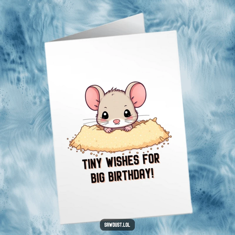 Funny Free Printable Birthday Card: Tiny mouse peeking from sawdust, offering a shy but cheerful birthday greeting.