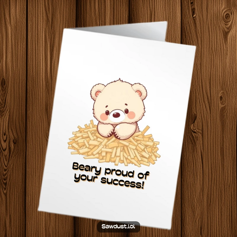 Funny Free Printable Congratulations Card: A fluffy bear cub playing in wood shavings, celebrating success. Hilarious downloadable art.