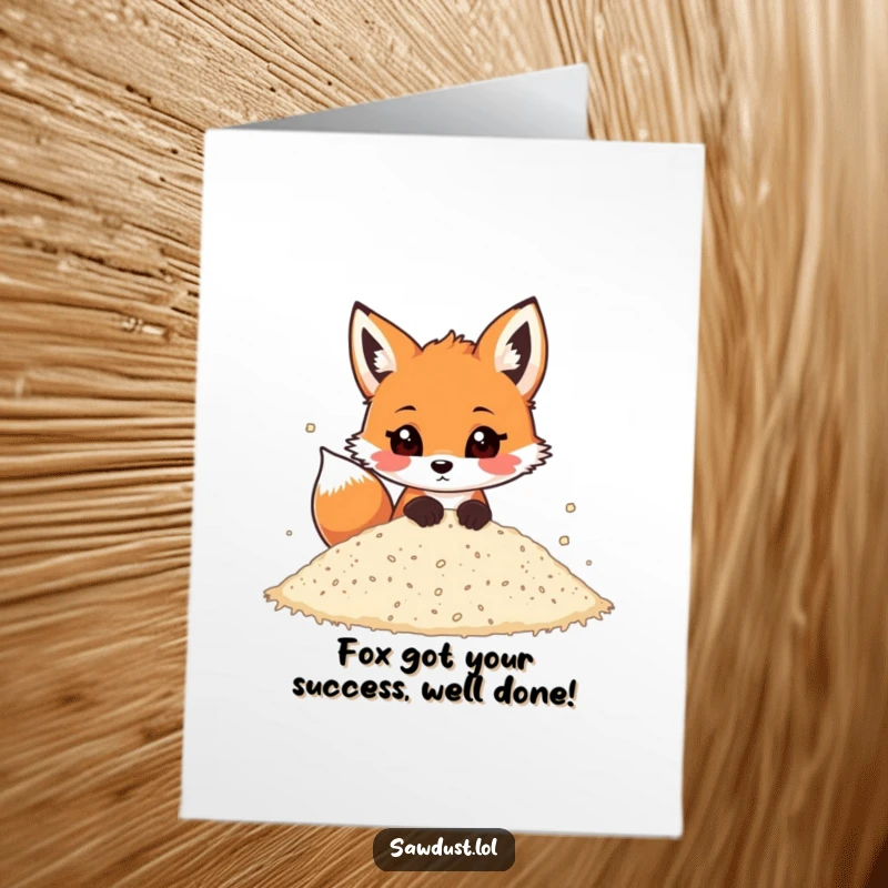 Funny Free Printable Congratulations Card: A playful fox peeking from sawdust, celebrating success. Hilarious downloadable art.