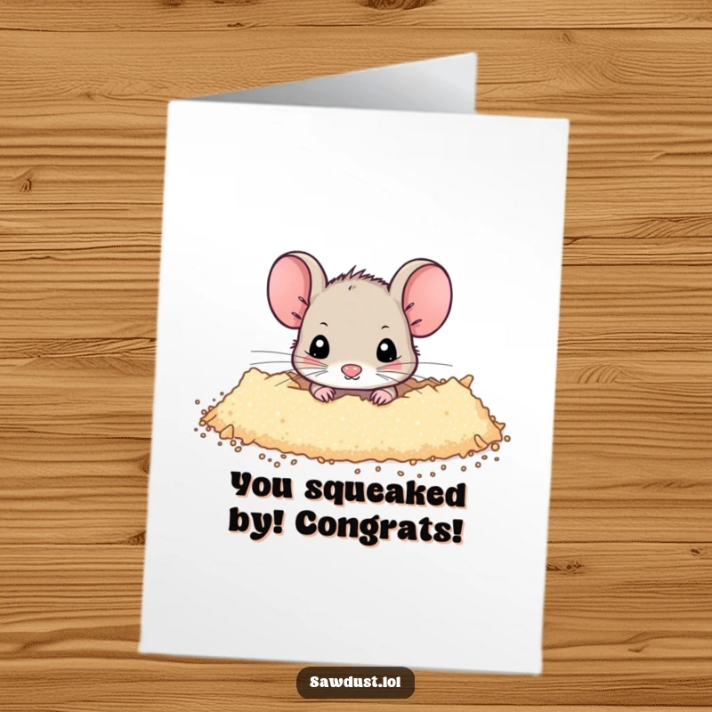 Funny Free Printable Congrats Card: Tiny mouse peeking from sawdust, celebrating success with a quiet, happy discovery.