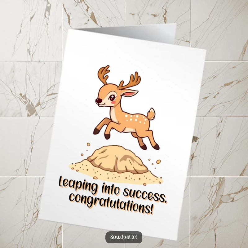 Funny Free Printable Congratulations Card: A deer joyfully bouncing over sawdust, celebrating a major accomplishment.