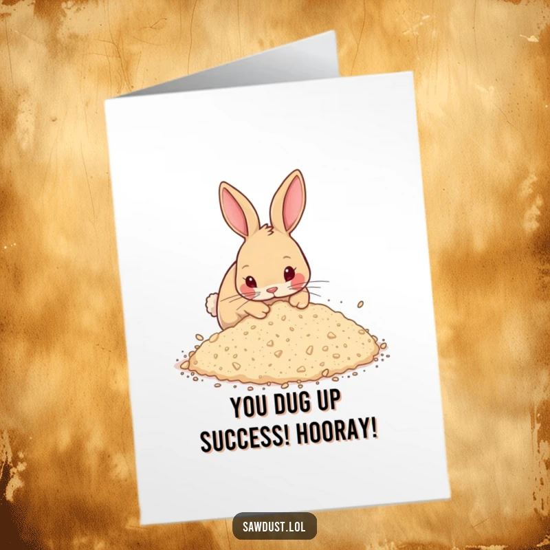 Funny Free Printable Congrats Card: Curious rabbit enthusiastically digging in sawdust, celebrating success with a dusty grin.
