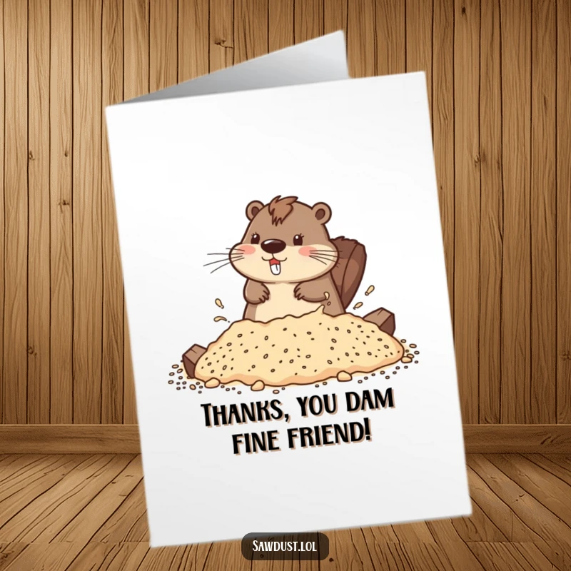 Funny Free Printable Thank You Card: A playful beaver splashing in sawdust, expressing gratitude.