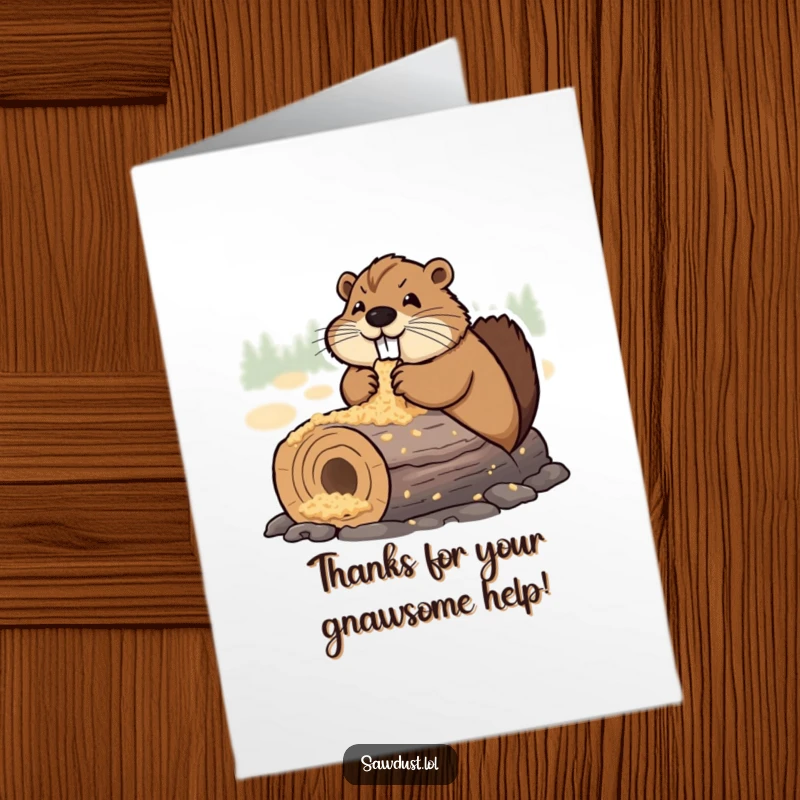 Funny Free Printable Thank You Card: Determined beaver happily chewing a sawdust log, showing gratitude with a toothy grin.