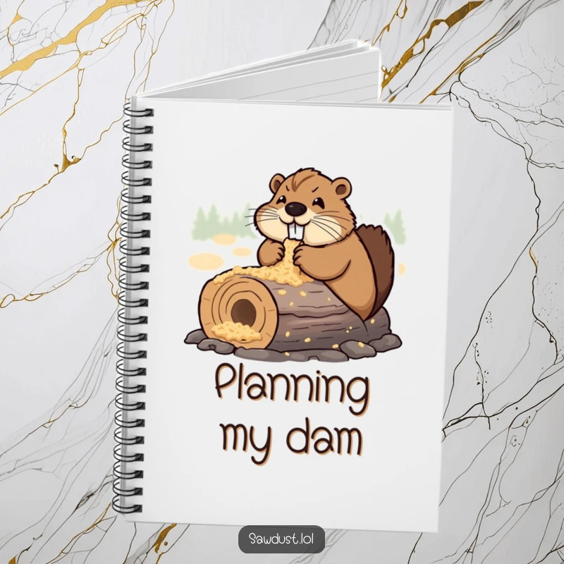 Funny Notebook cover featuring a determined beaver happily chewing on a sawdust-covered log, inspiring focused and productive writing.