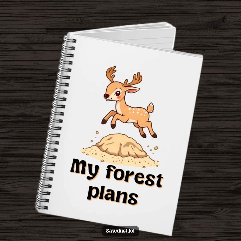 Funny notebook cover art of a deer energetically leaping over a small mound of sawdust, inspiring fun notes.
