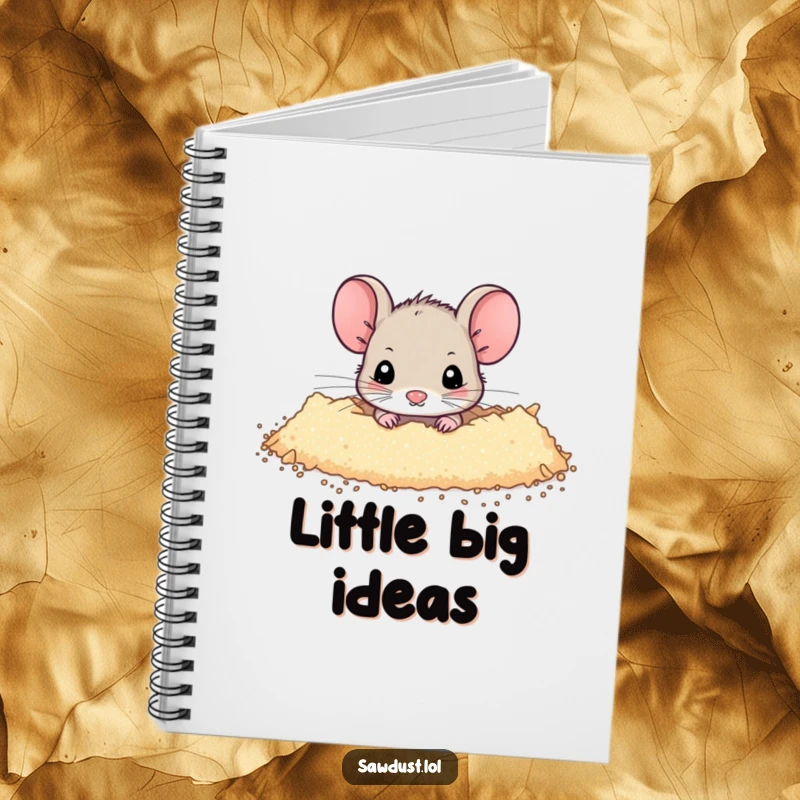 Funny Notebook cover featuring a tiny mouse peeking from a dusting of sawdust, inspiring shy and creative note-taking.