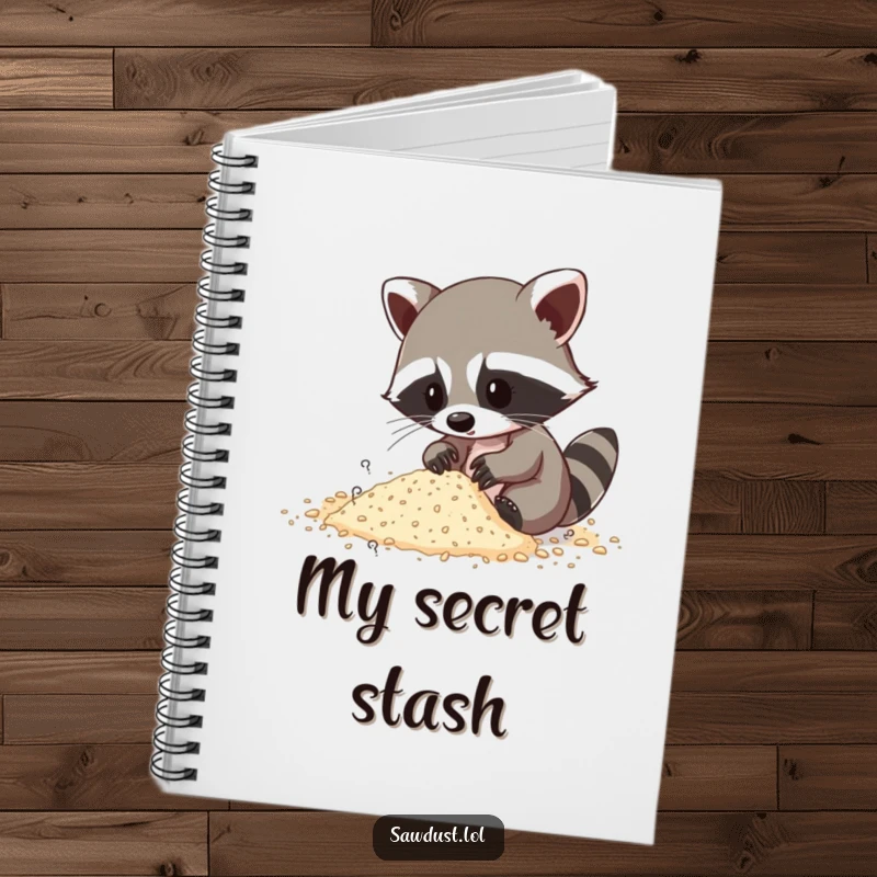Funny notebook cover art of a raccoon intently sifting through sawdust, inspiring investigative writing.