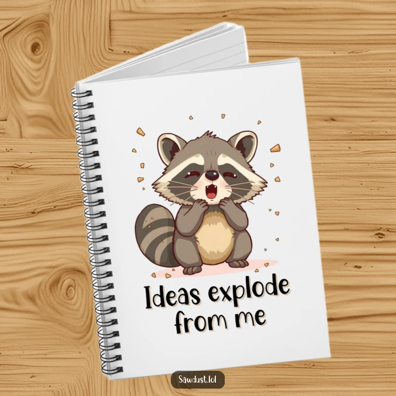 Funny Raccoon Sneeze Notebook cover art showing a raccoon mid-sneeze, with sawdust flying, ideal for jotting down funny ideas.