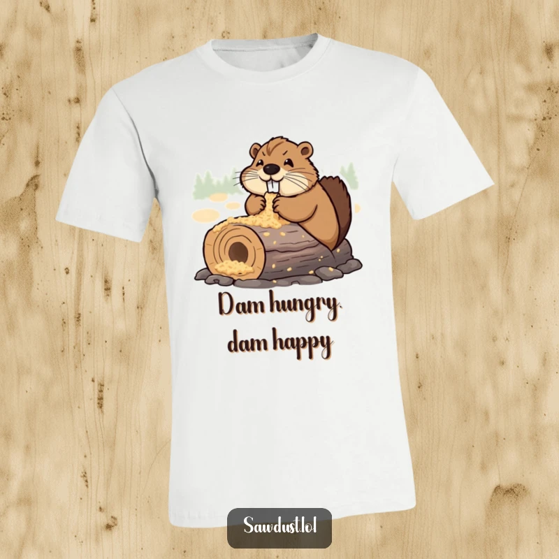 Funny T-Shirt featuring a determined beaver happily chewing on a log abundant with sawdust, celebrating industrious joy.