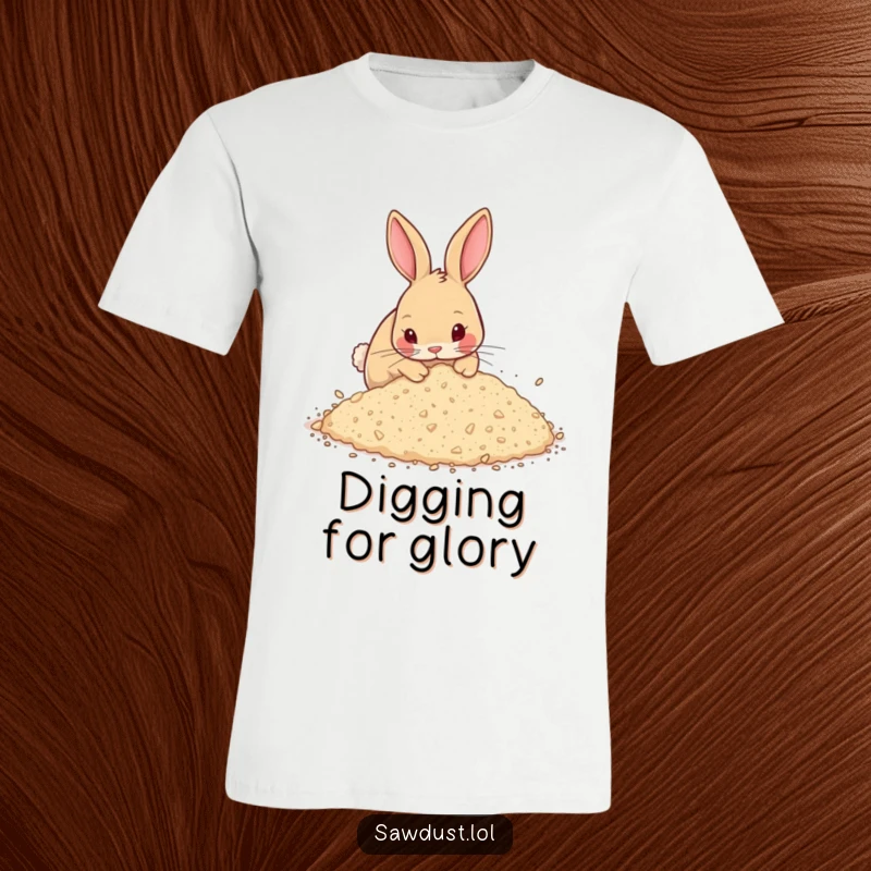 Funny T-Shirt showing a curious rabbit digging enthusiastically in a sawdust pile, embodying energetic fun and playful mischief.