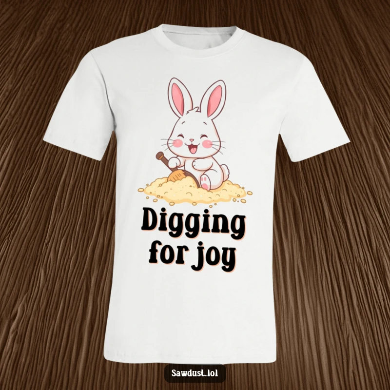Funny t-shirt featuring a cheerful cartoon rabbit enthusiastically digging its way through a pile of loose sawdust.