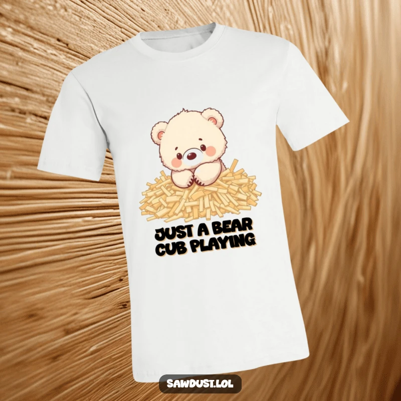 Funny t-shirt with a fluffy bear cub happily digging and playing in a large pile of wood shavings.