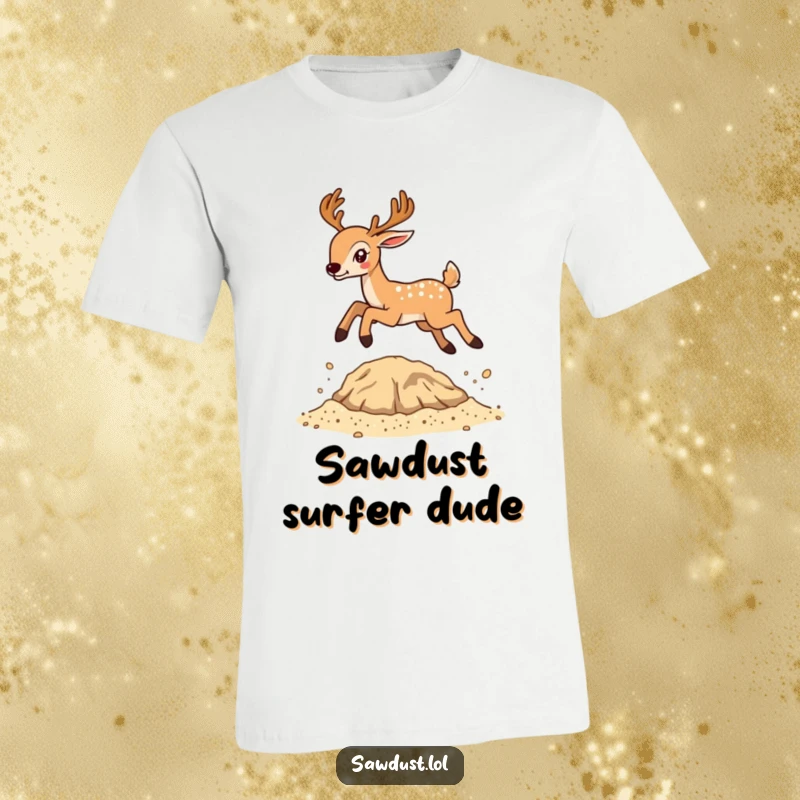 Funny t-shirt print of a deer energetically bouncing and leaping over a small pile of sawdust, embodying wild fun.