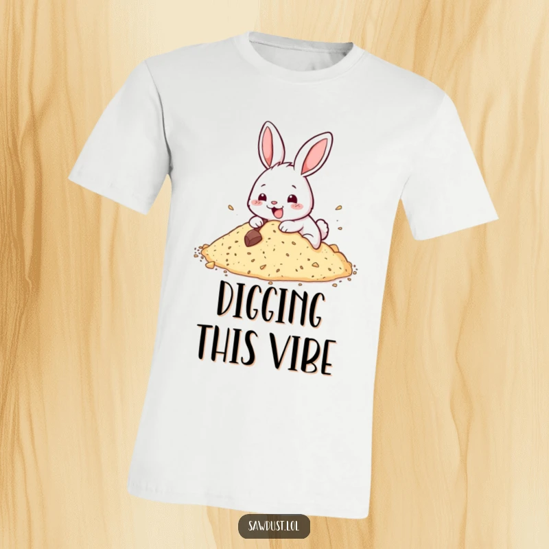Funny t-shirt showcasing a happy rabbit digging energetically into sawdust, capturing a moment of pure dedication.