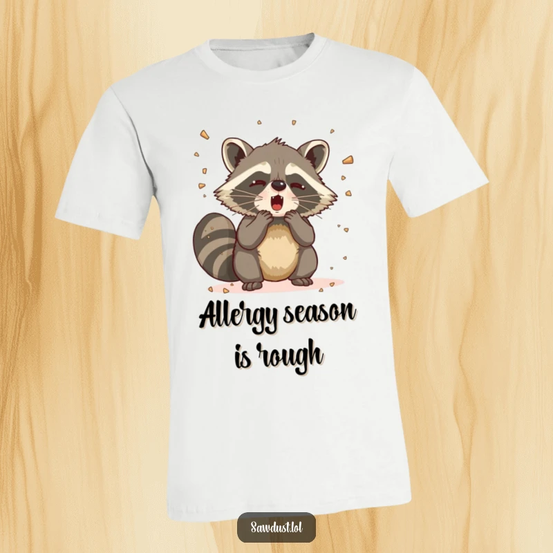Funny Raccoon Sneeze T-Shirt depicting a raccoon sneezing dramatically, with sawdust exploding outwards in a comical scene.