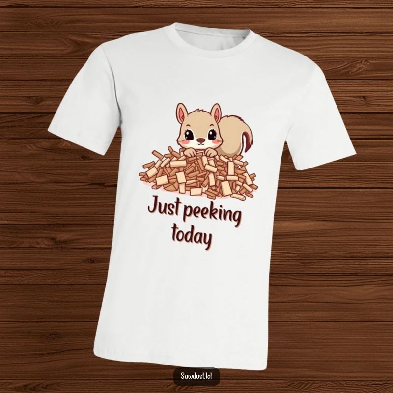 Funny t-shirt showcasing a curious squirrel peeking out from wood shavings, capturing a moment of playful observation.