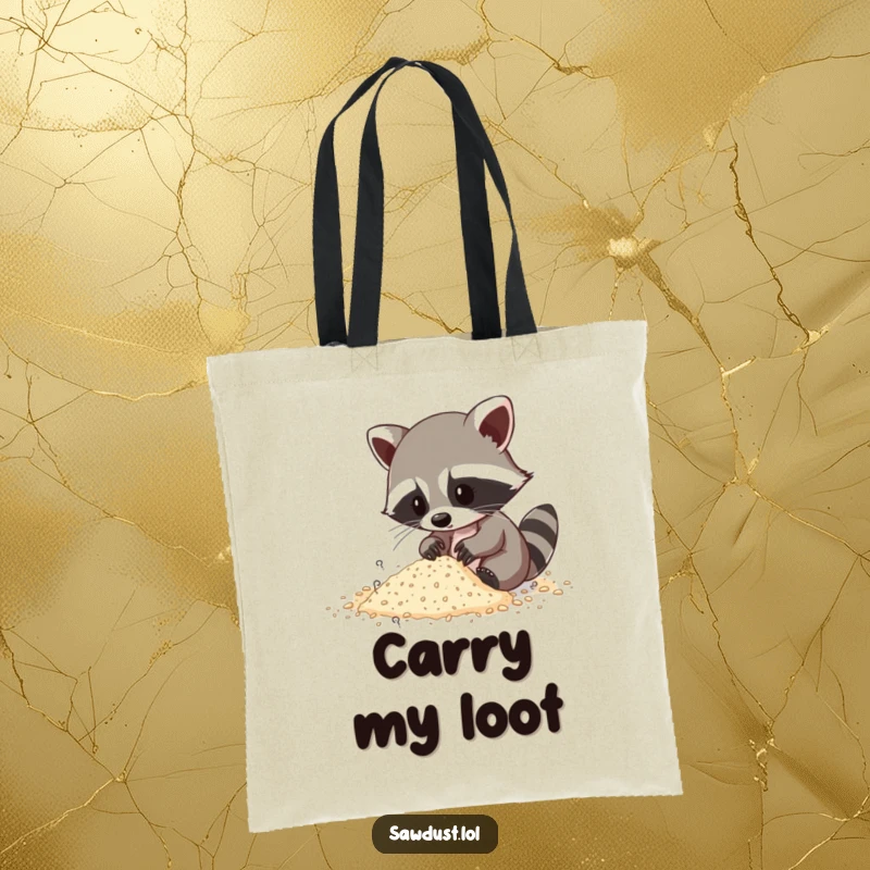 Funny tote bag illustration of a raccoon busy sifting through sawdust, on the hunt for something interesting.