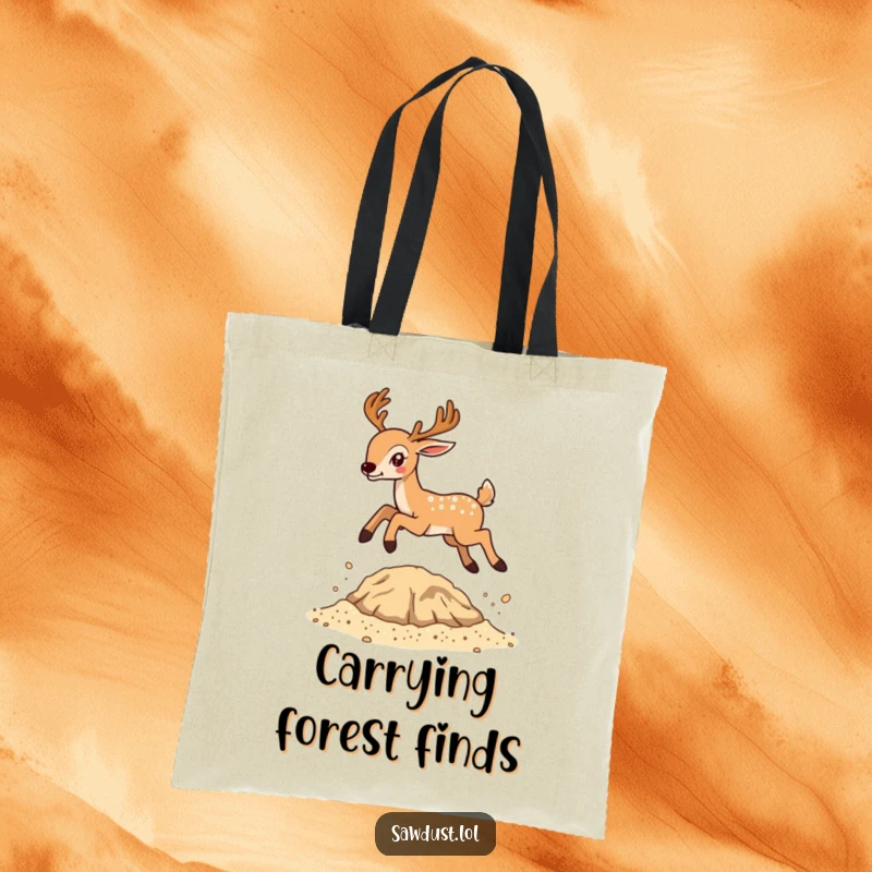 Funny tote bag illustration of a deer in motion, leaping energetically over a small pile of sawdust.