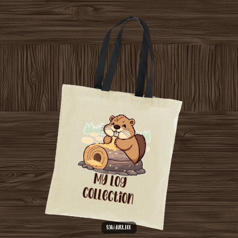 Funny Tote Bag showcasing a determined beaver happily chewing on a sawdust-covered log, symbolizing productive and cheerful effort.