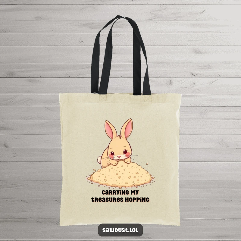 Funny Tote Bag featuring a curious rabbit energetically burying itself in a pile of sawdust, a symbol of joyful exploration.