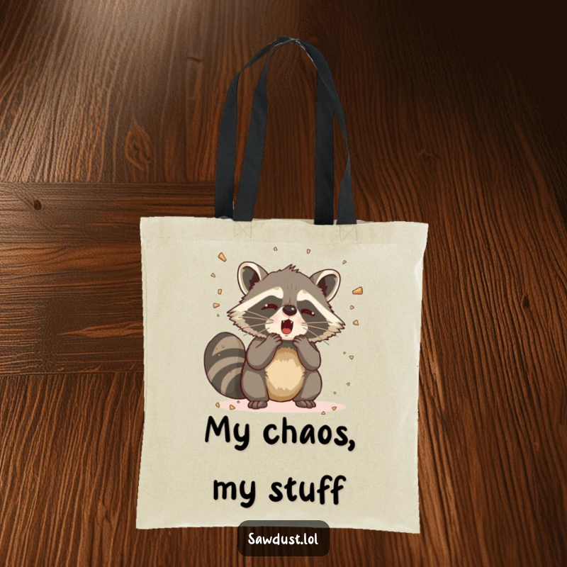 Funny Raccoon Sneeze Tote Bag capturing a raccoon dramatically sneezing, scattering sawdust in a hilarious, messy explosion.