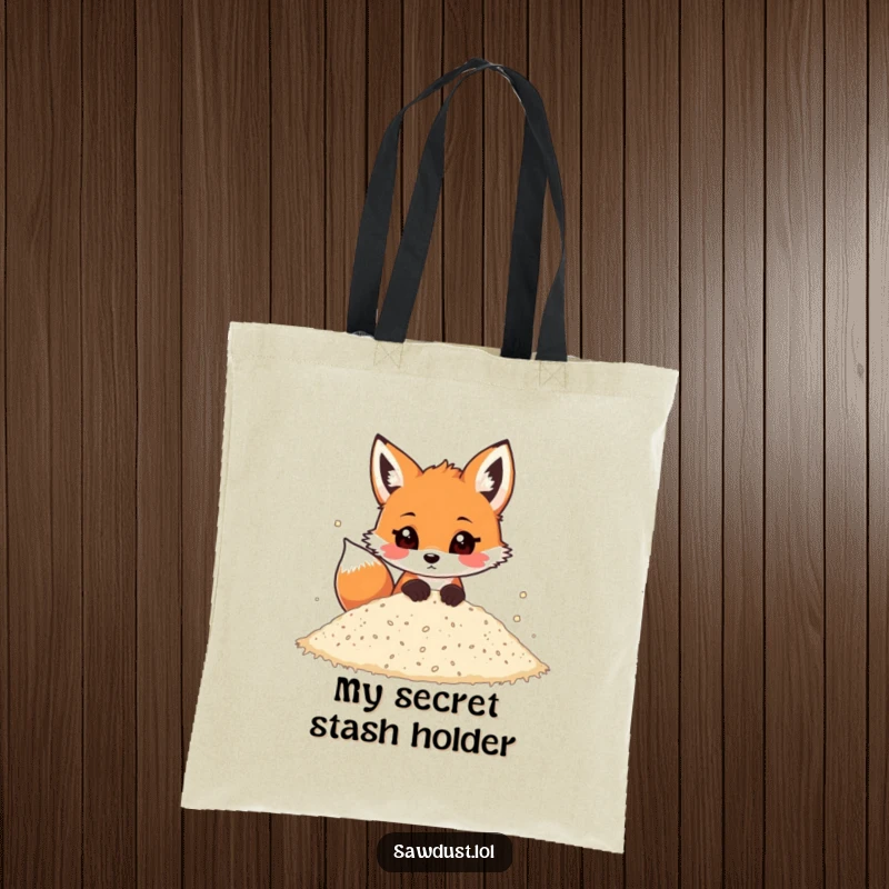 Funny tote bag printed with a playful cartoon fox peeking its head out from a pile of loose sawdust.